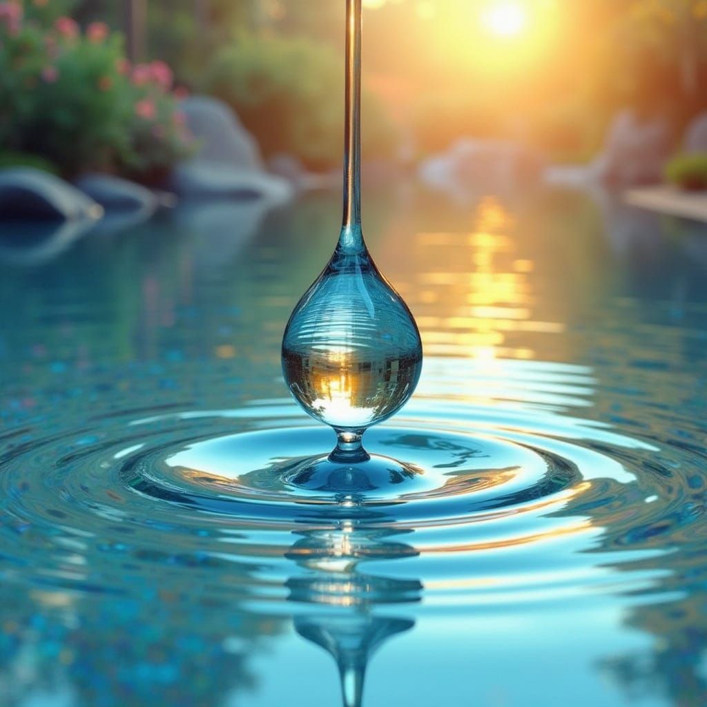 Upward Falling Raindrop in Crystal Clear Water, Golden Sunli...