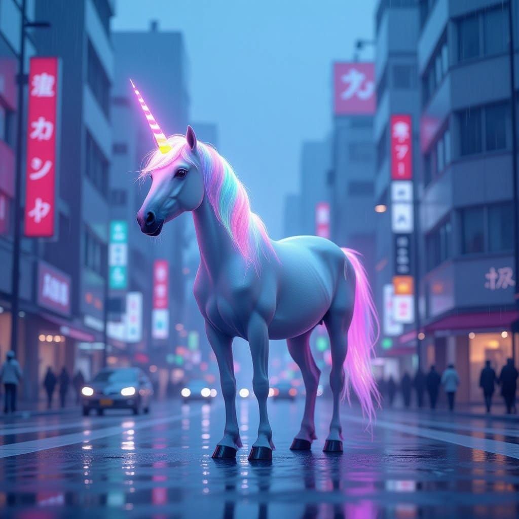 Glowing Unicorn Amidst Tokyo Futurism