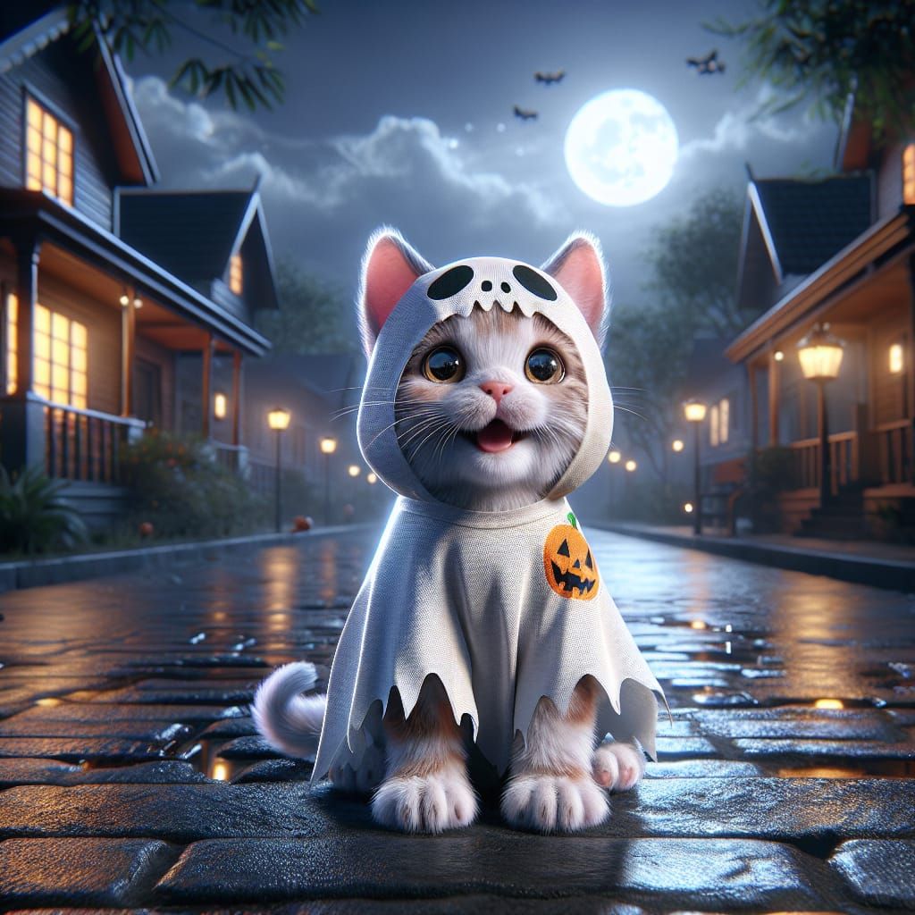 Kitten Ghost Costume Under Night Sky: Photorealistic Image