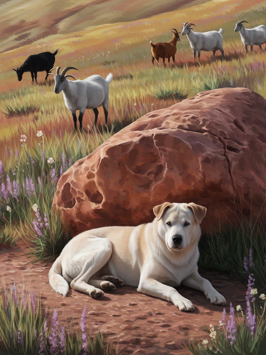 Sheepdog Resting in Shade Among Goats, Digital Painting