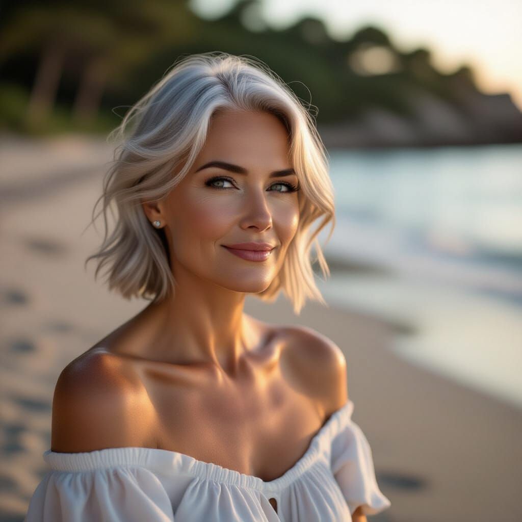 Finnish Woman on Misty Swedish Beach at Sunset
