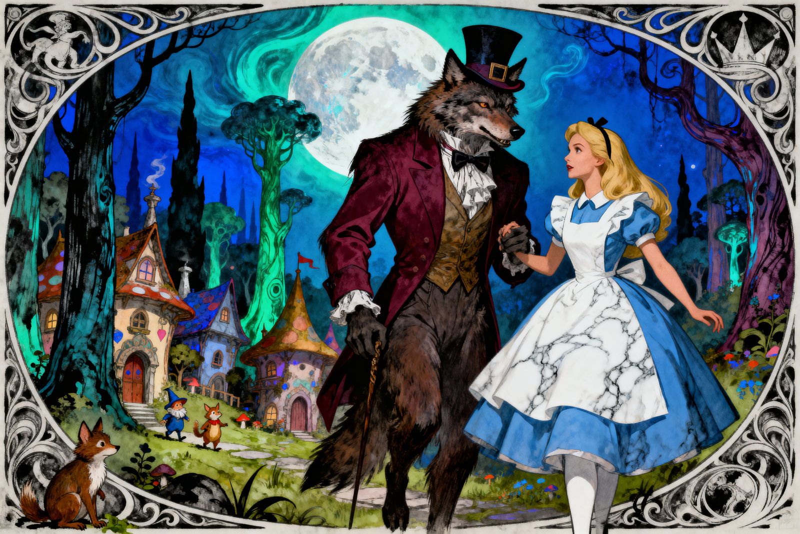 Alice and Mad Hatter as Wolf in Hybrid Art Style