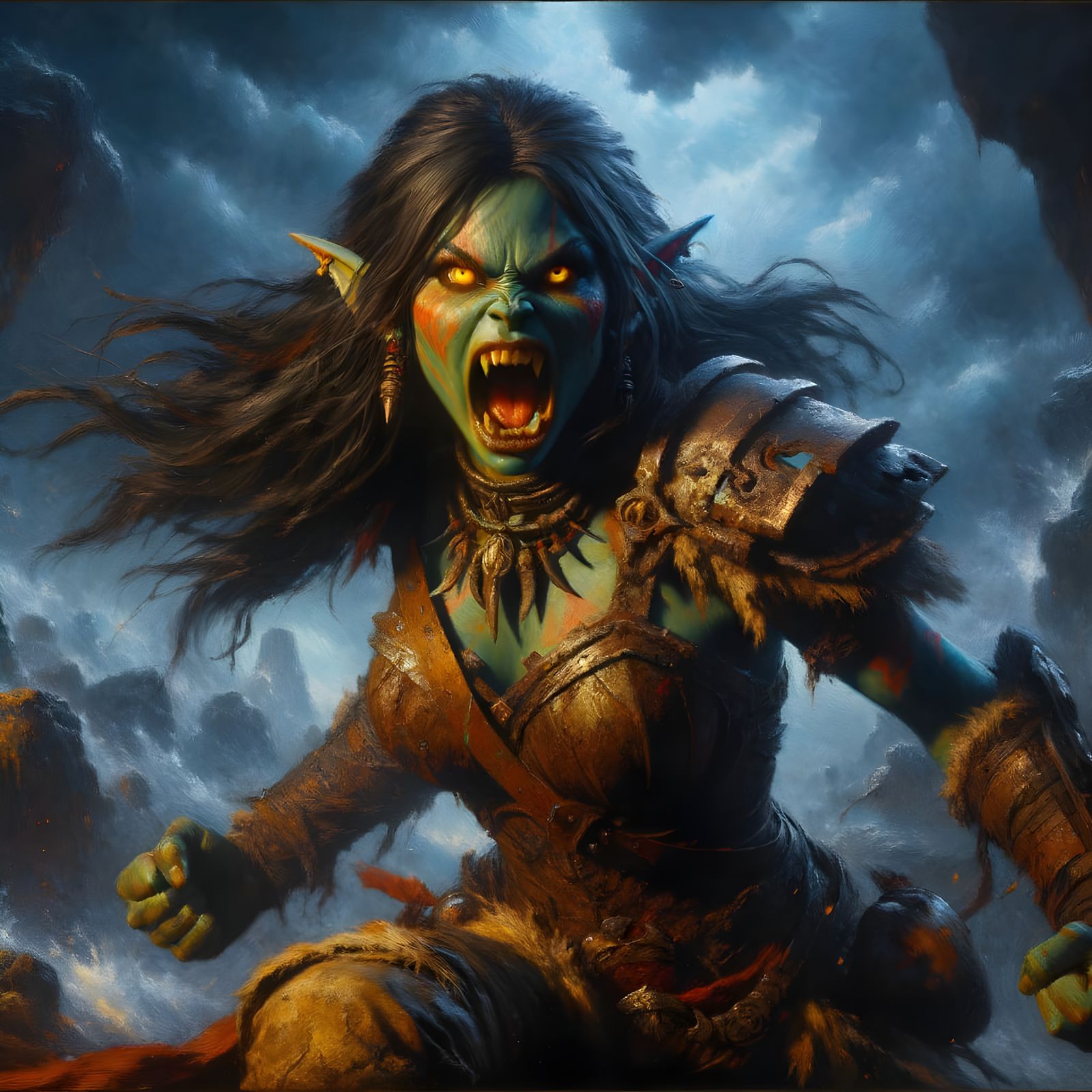 Orc Barbarian Charging Fearlessly in Oil Painting Style