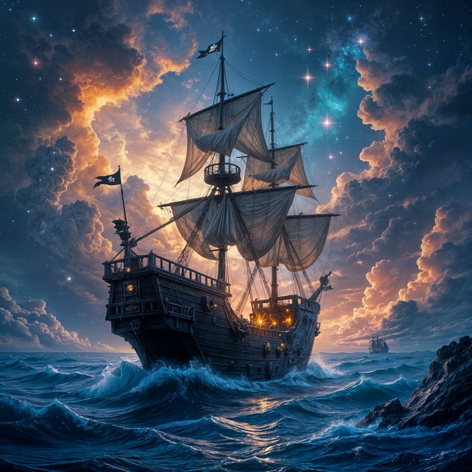 Pirate Ship Soaring Through Bioluminescent Nebula