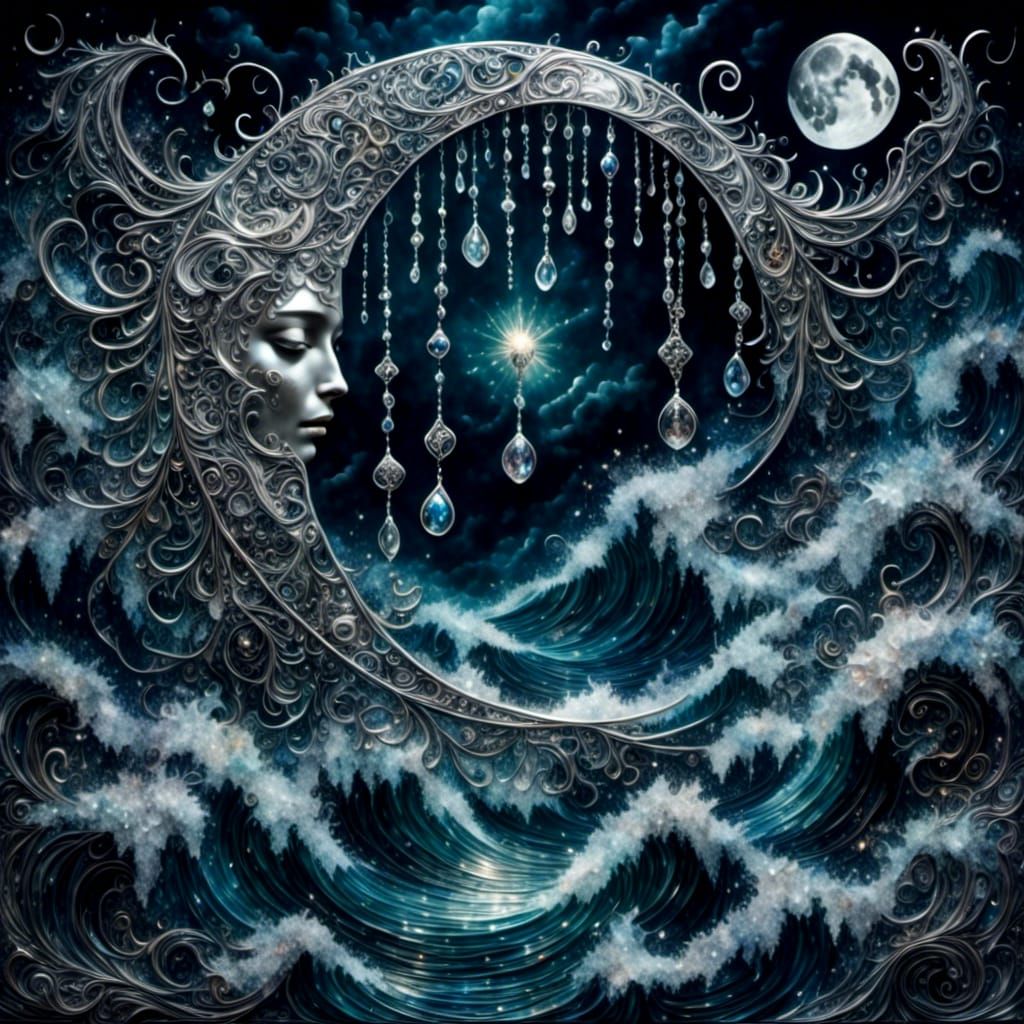 Melting Silver Moon Over Stormy Ocean