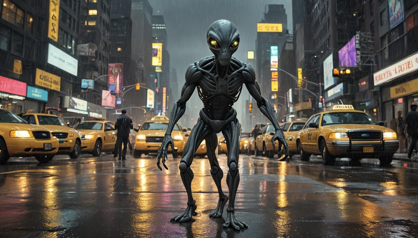 Grey Alien Hailing a Cab in Rainy New York