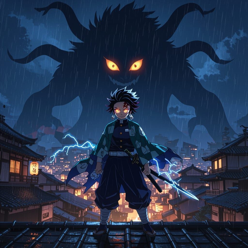 Demon Slayer in Feudal City at Night