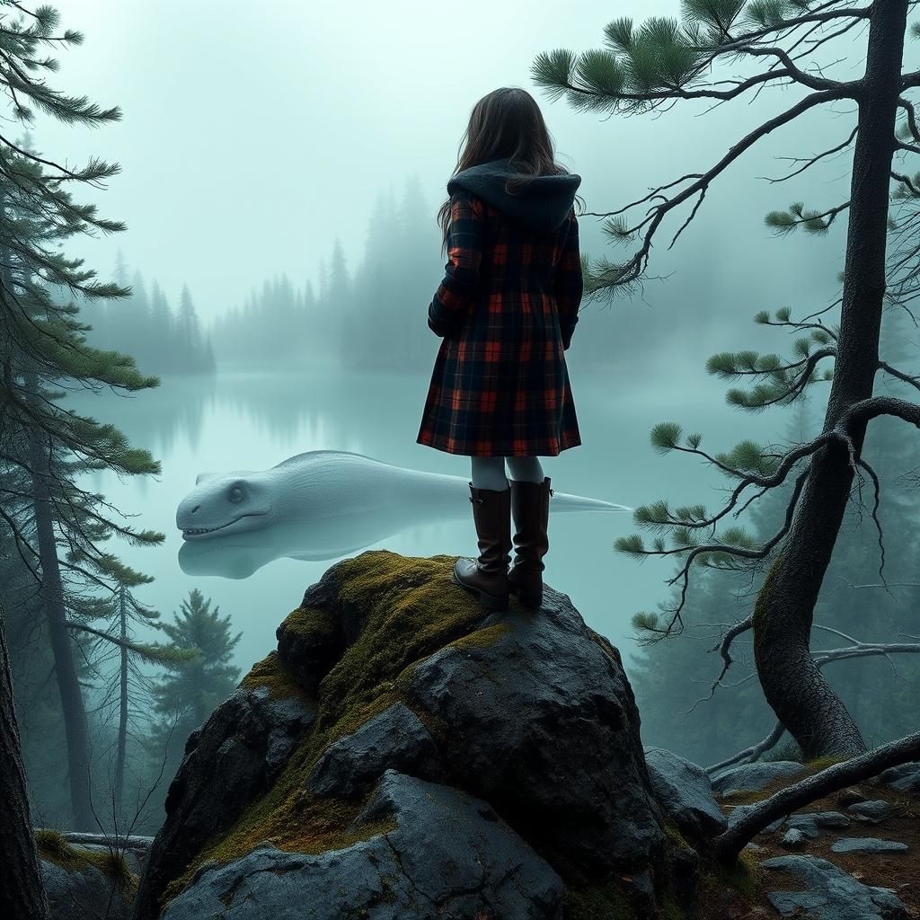 Girl and Plesiosaur in Atmospheric Landscape
