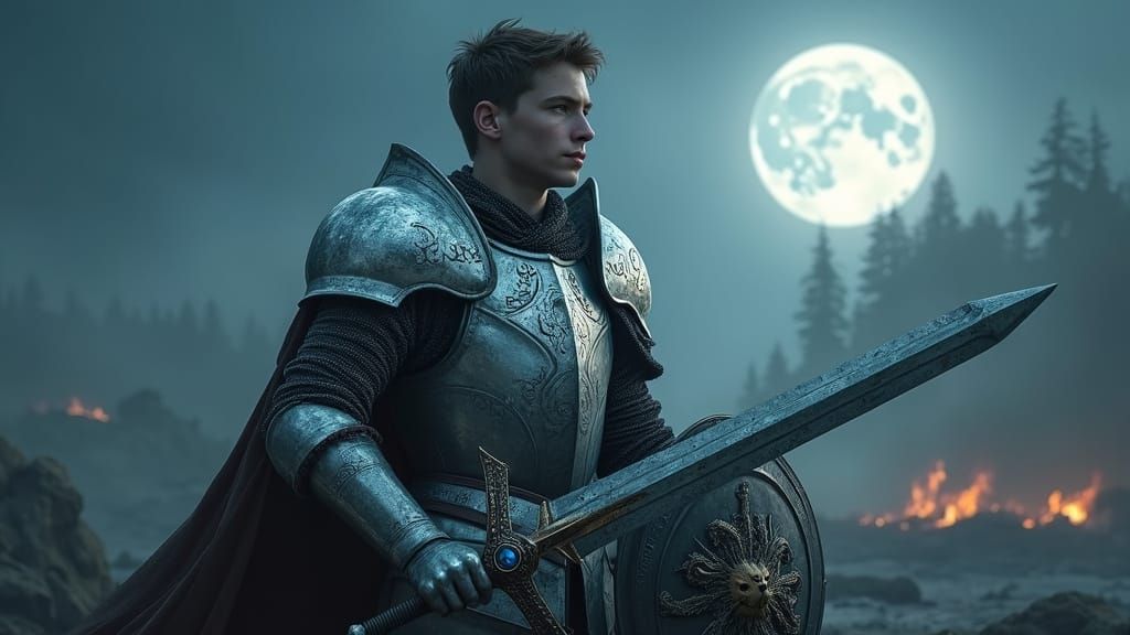 Knight in Moonlit Battle Armor with Ancient Runes and Magica...