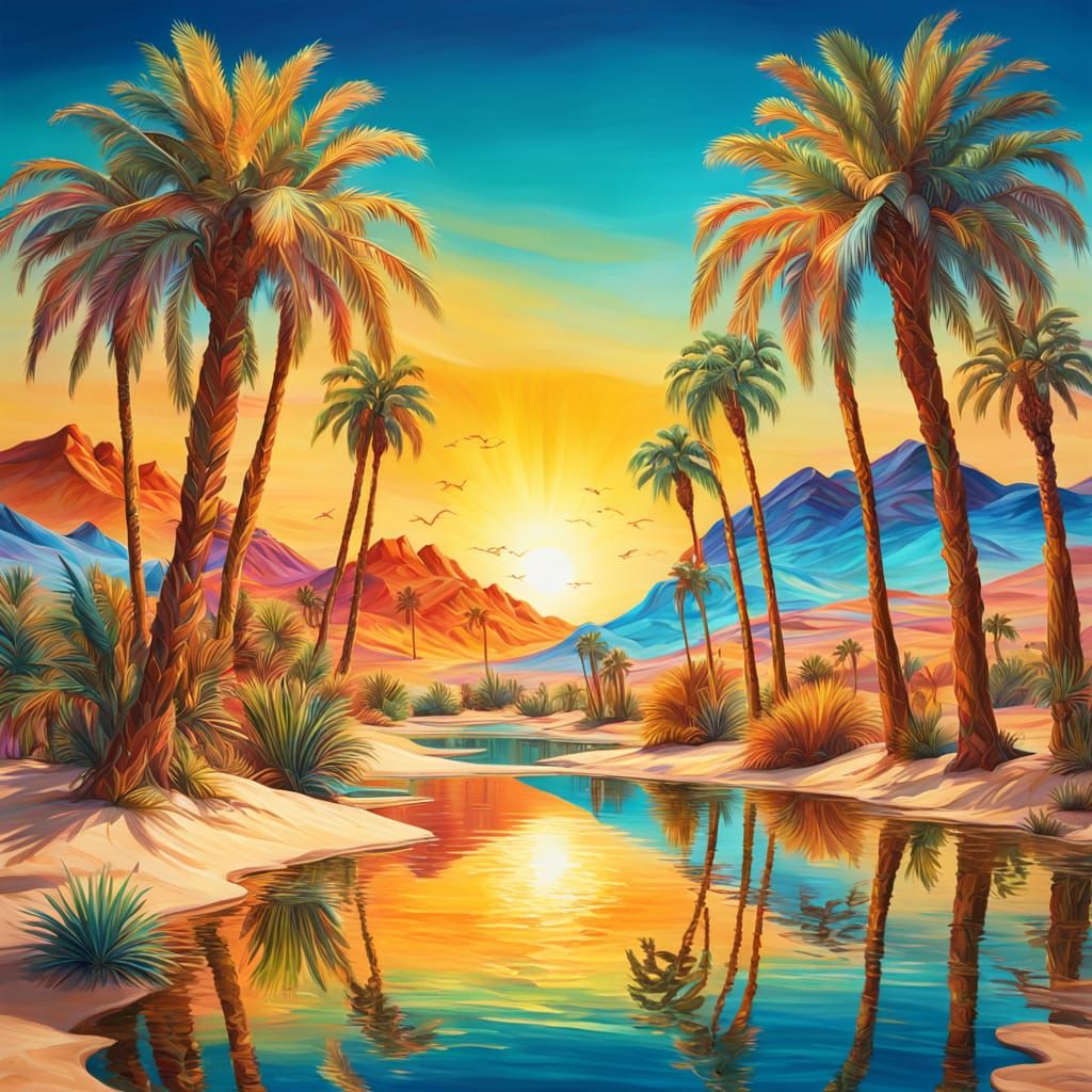 Desert Oasis in Surreal Oil Painting Style