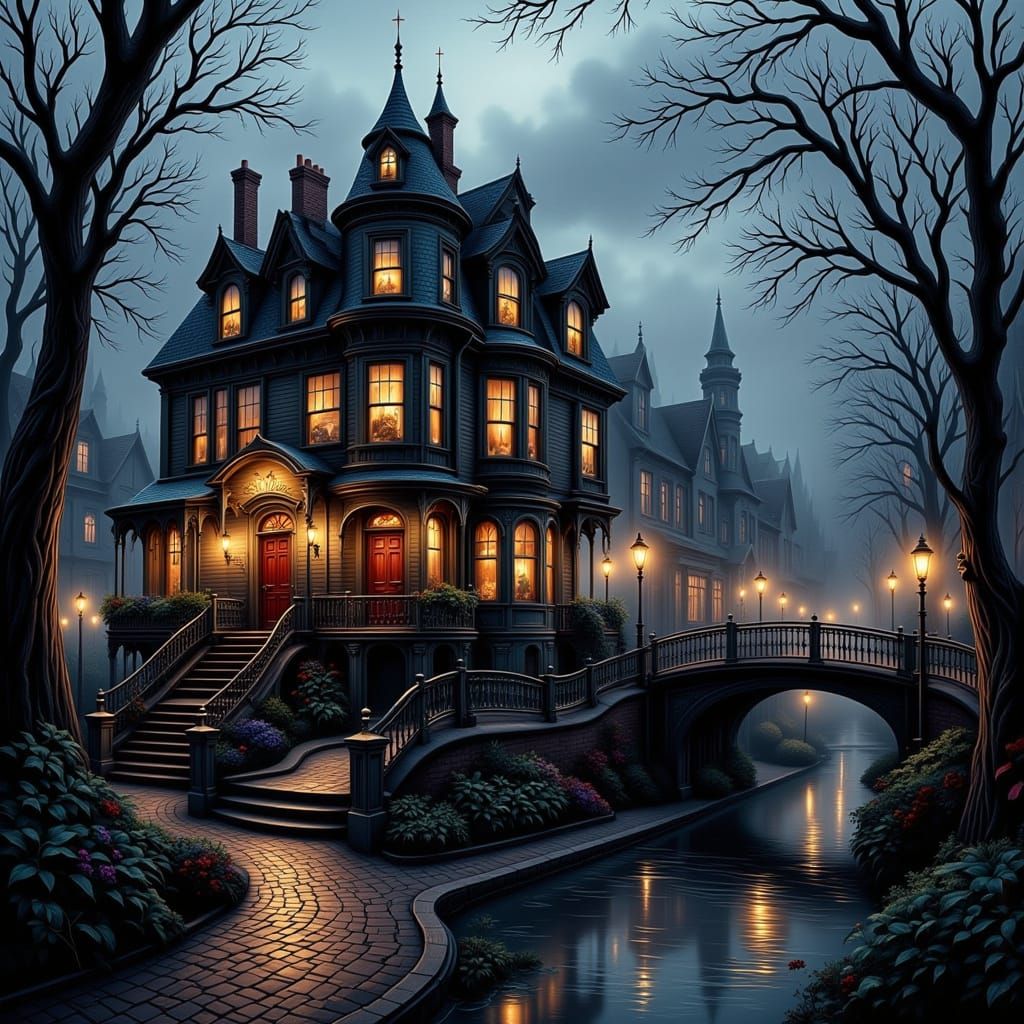 Victorian Manor in Rainy Cityscape