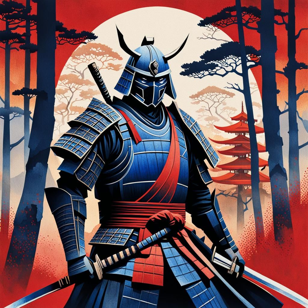 Fragmented Samurai in Cubist Watercolour Landscape