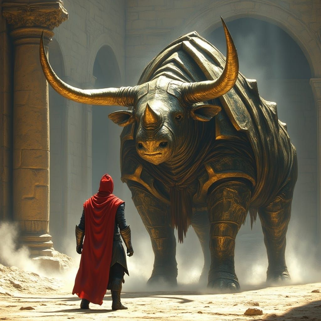 Epic Armor: A Majestic Bull-Rhino Hybrid in Ancient Ruins