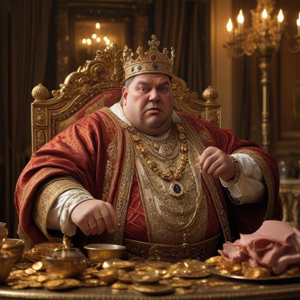 Hyperrealistic Portrait of an Overweight King in Opulent Reg...