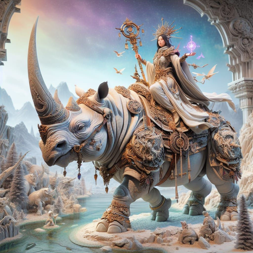 female mage riding a giant albino rhinoceros