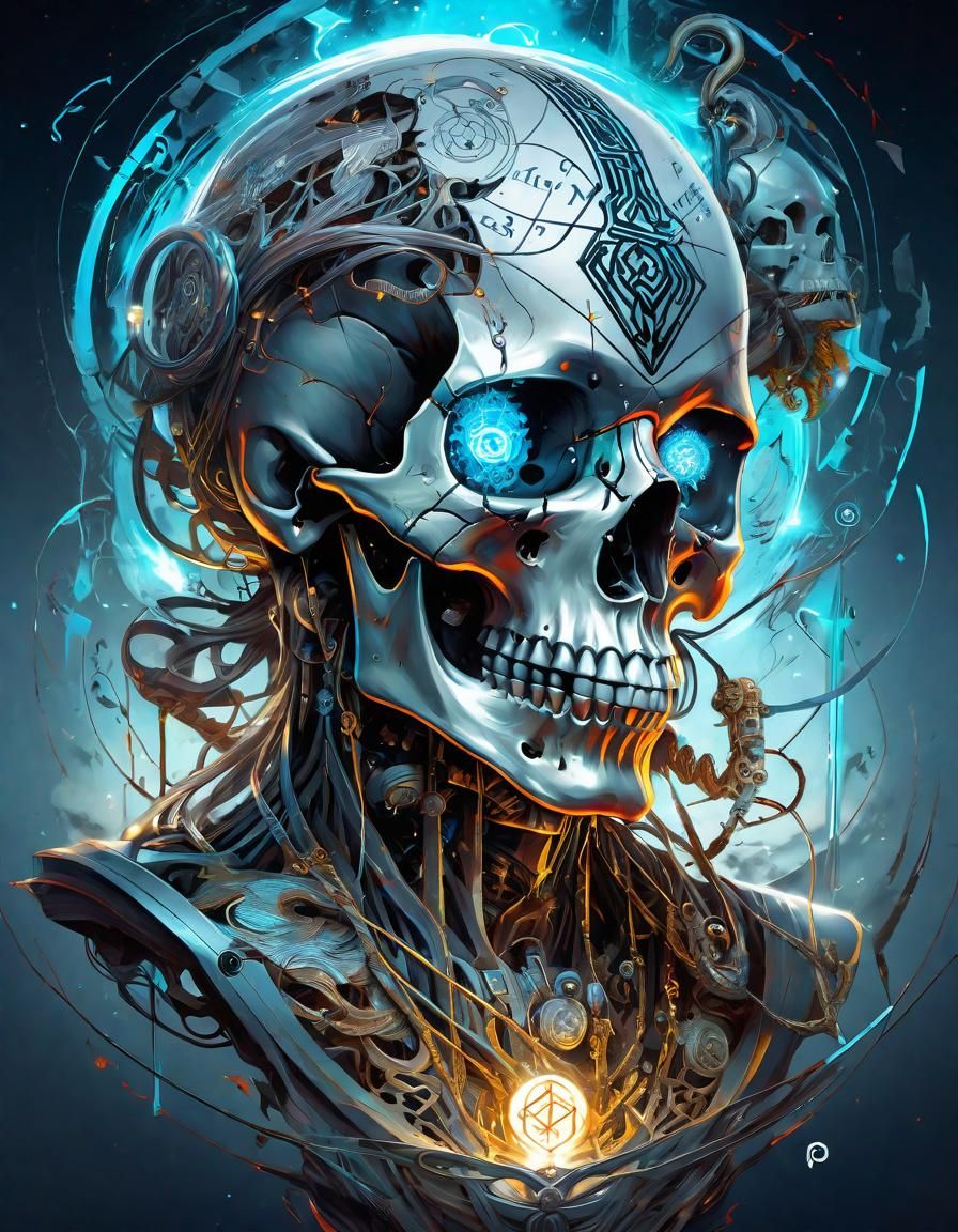 Mechanical Skull with Snakes and Magic Glyphs