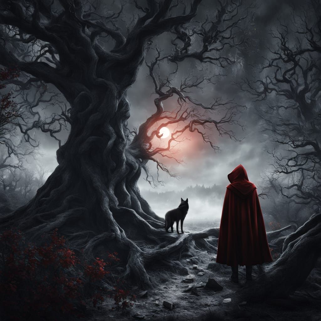 Dark Fantasy Girl with Menacing Wolf in Haunting Forest