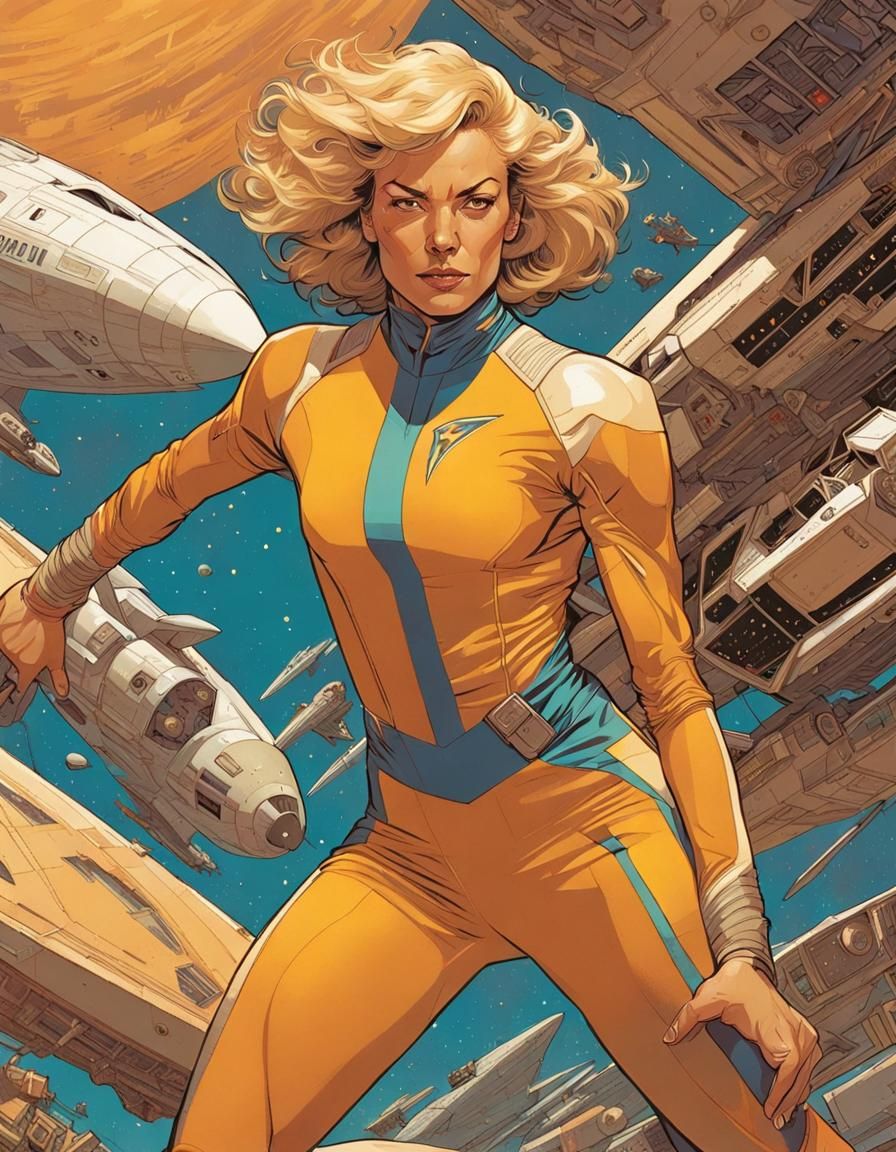 Cheetah Woman Near Crashed Starship, Action Portrait