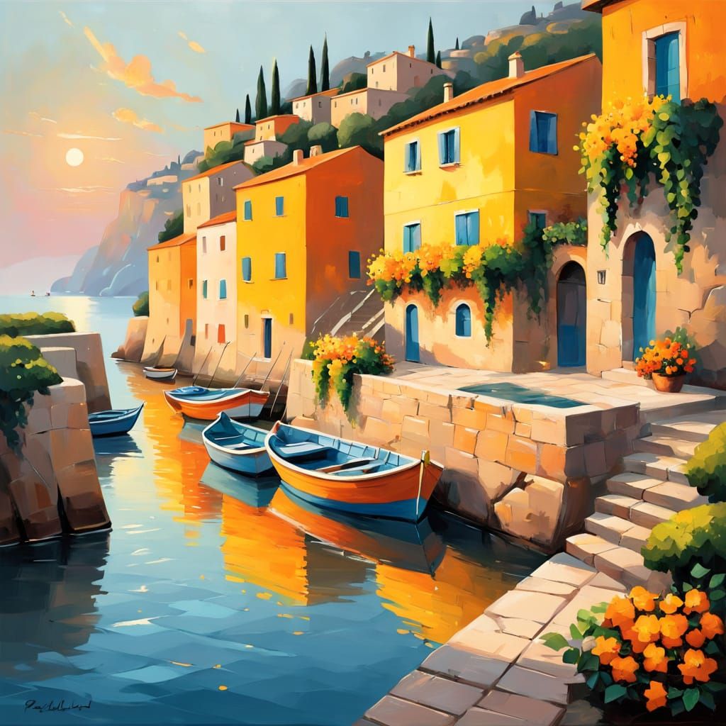 Mediterranean Harbor at Dusk: Oil Painting