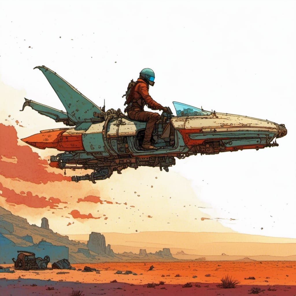 Futuristic Hoverbike in Desert, Moebius Style