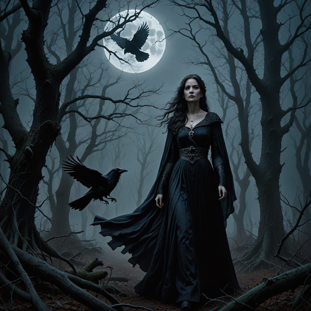 Mysterious Woman in Dark Fantasy Landscape