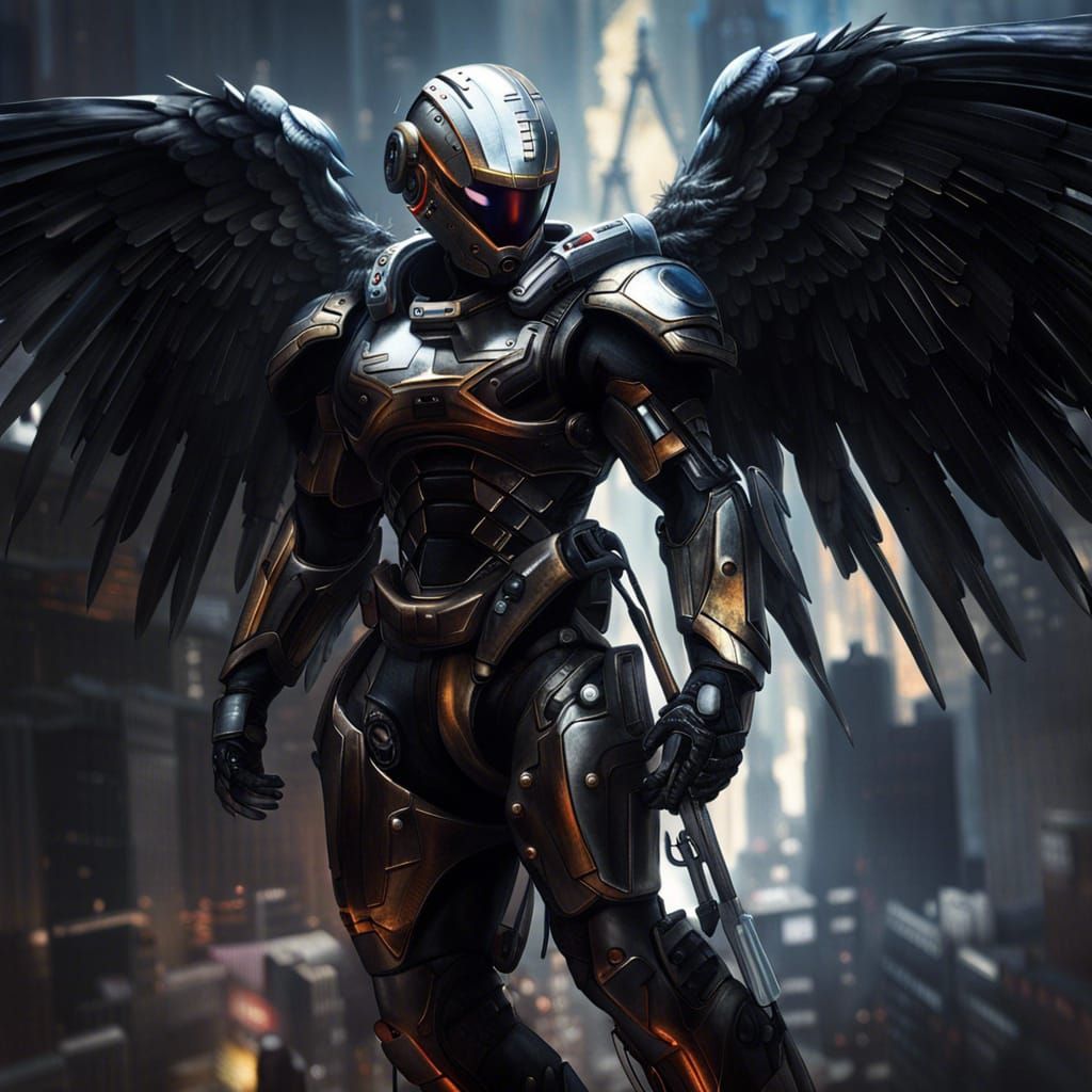 Futuristic Battle Angel in Dark Oil Painting