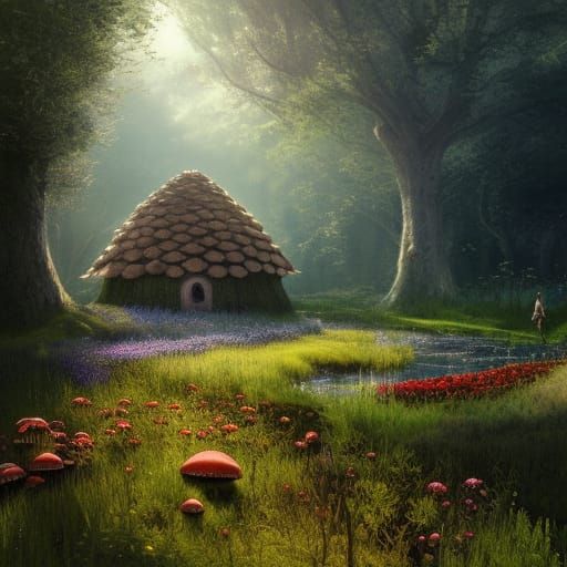 Victorian Cottagecore Mushroom House in Flower Meadow
