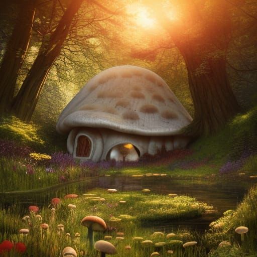 Victorian Mushroom House in Flower Meadow, Fantasy Art