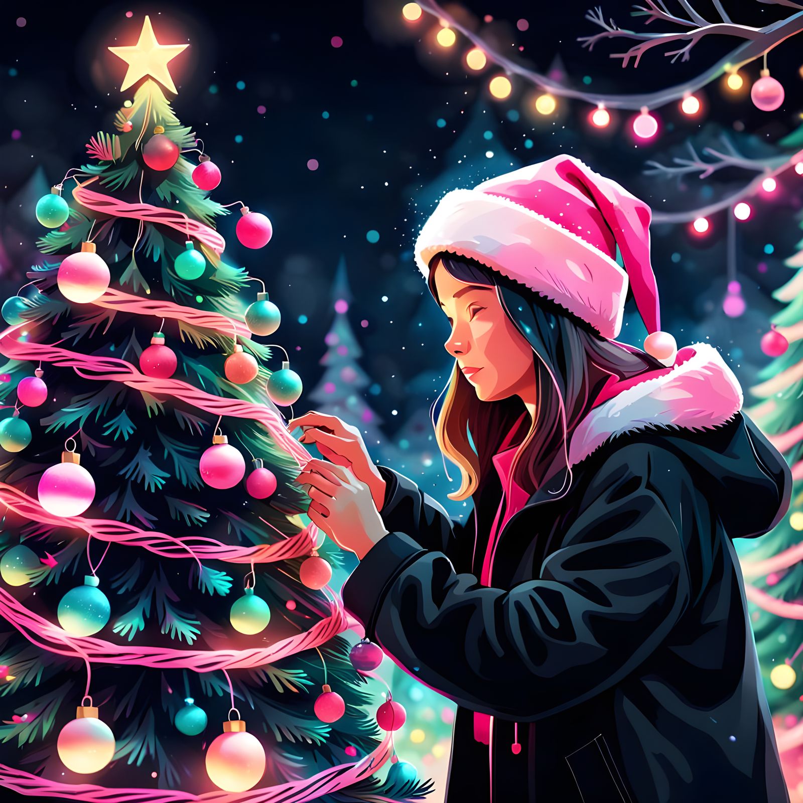 Vibrant Pink and Black Christmas Tree Decoration in Digital....
