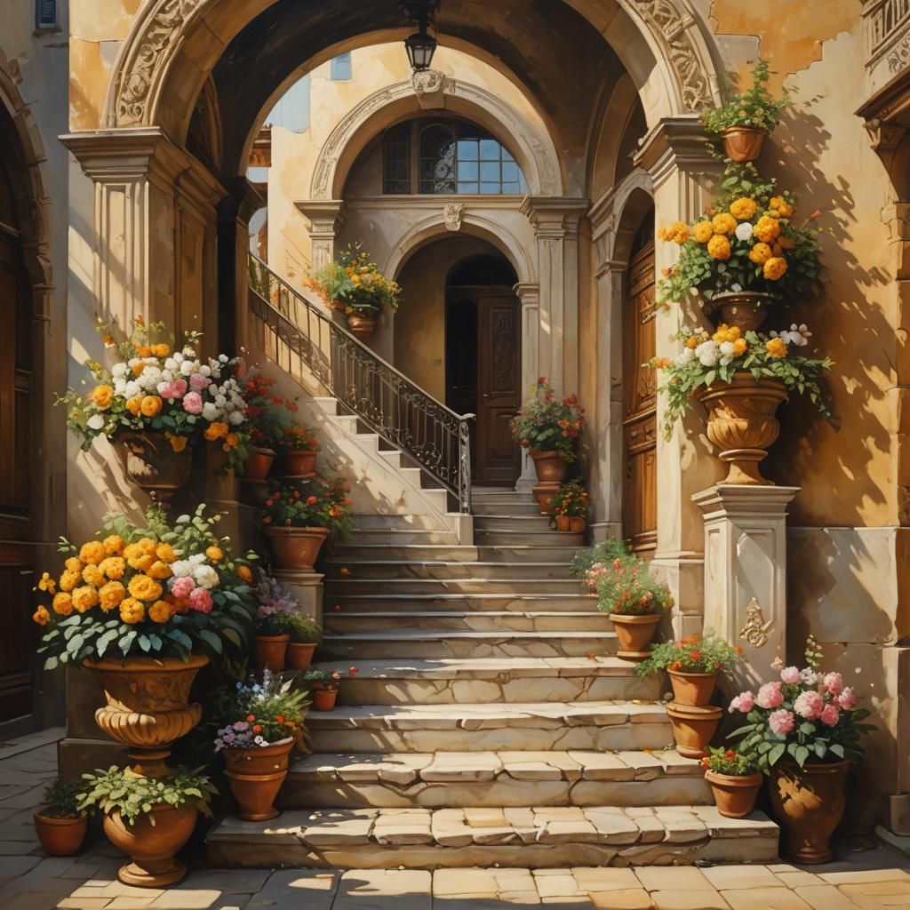 Baroque Staircase with Flower Pots: An Oil Painting