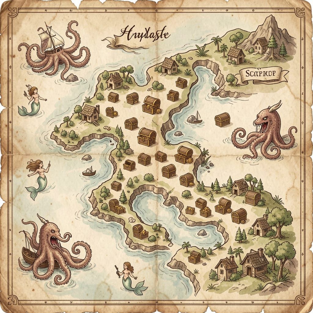 Antique Pirate Map in Faded Watercolor Style