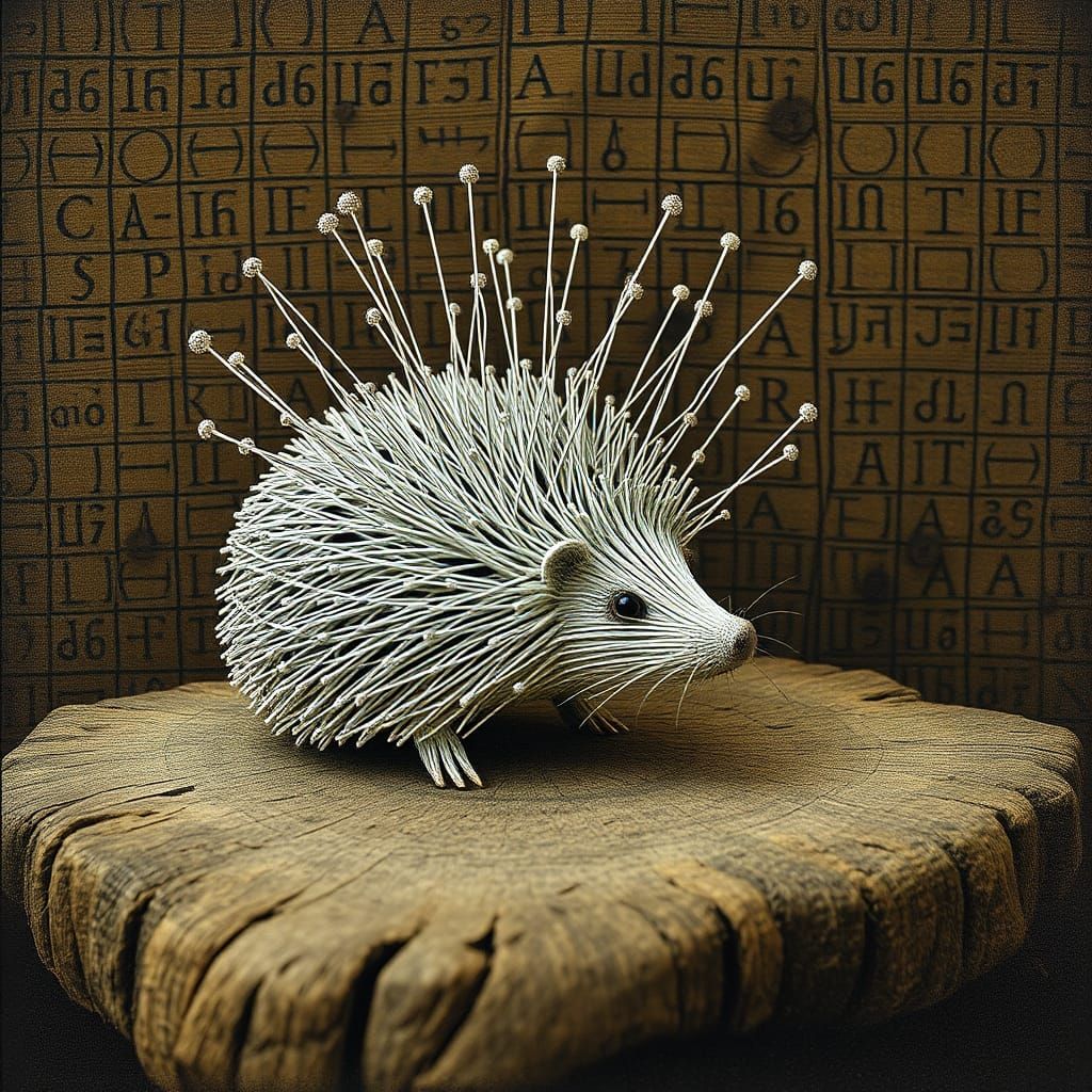 String Hedgehog Gazing at Runes in Constructivist Style