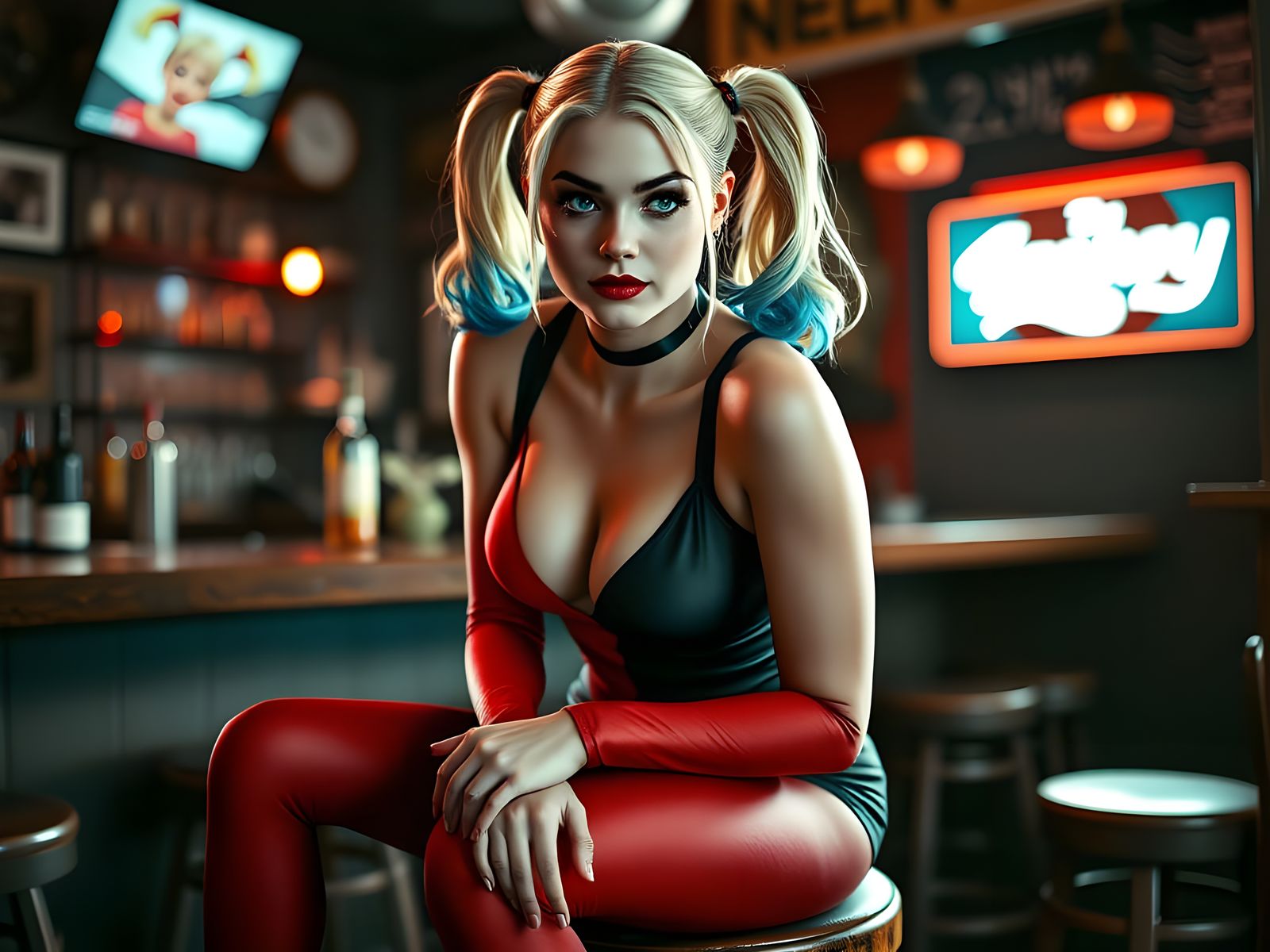 Harley Quinn as a Sassy Supermodel in a Dive Bar Setting