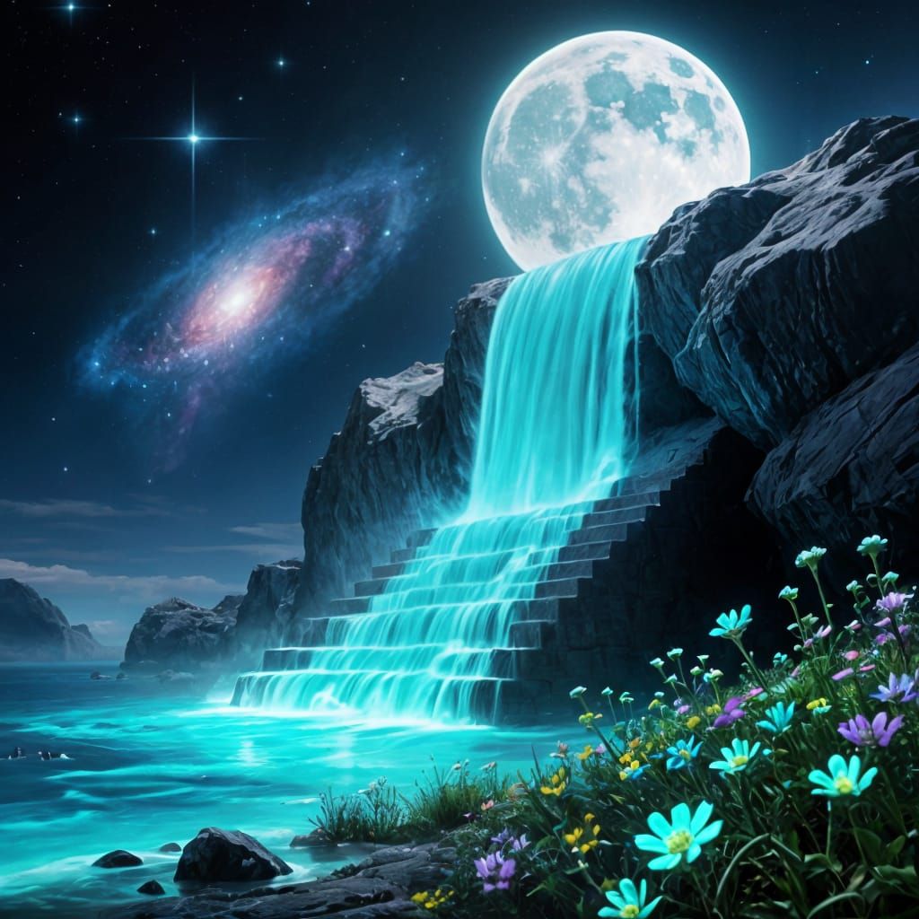 Turquoise Moon Waterfall in Hyperrealistic Style