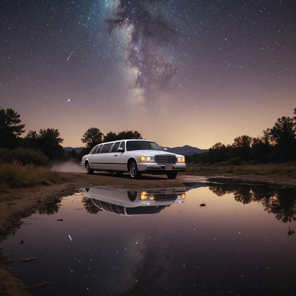 Limousine on Dirt Road Under Starry Midnight Sky