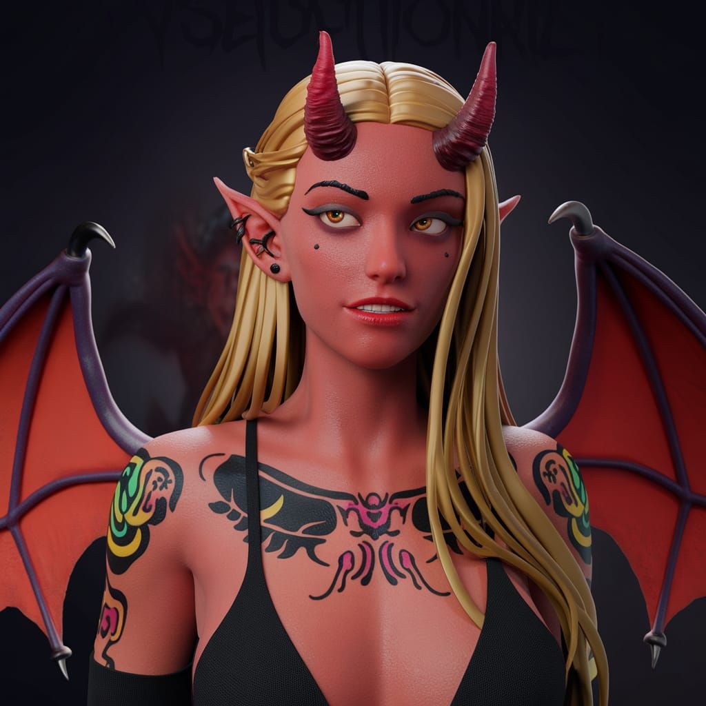 Blonde Demon with Horns, Wings, and Tattoos
