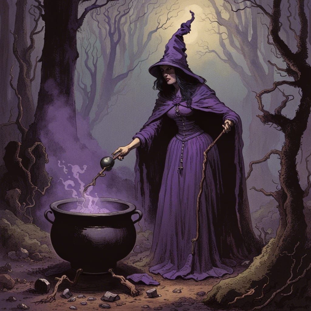 Purple Witch Stirring Cauldron in Dark Forest