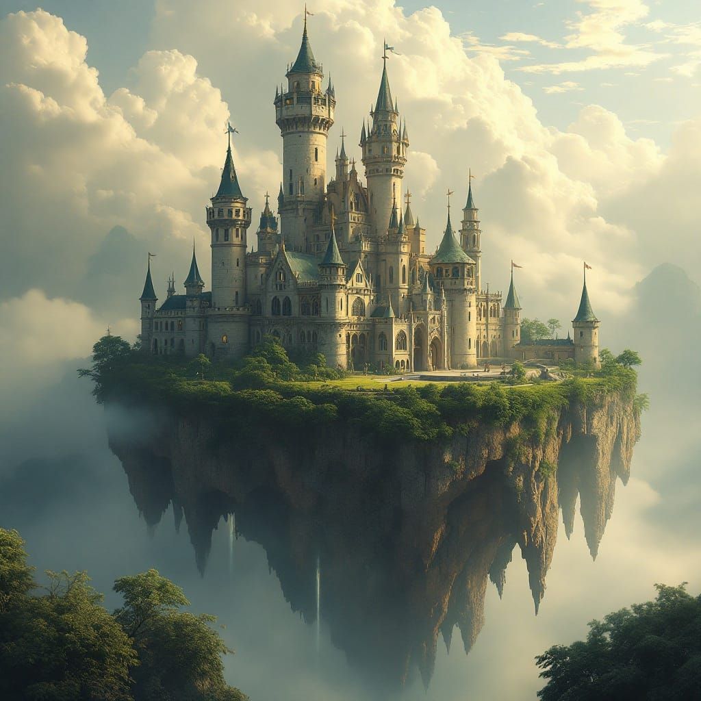 Fantasy Castle Soars on a Cloudy Island Sky