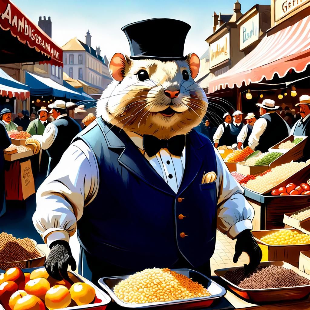 Gerbil Merchant in Bustling Market, Cartoon Style