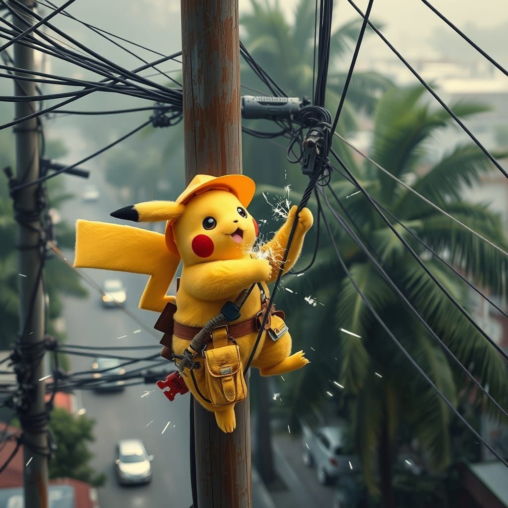 Realistic Pikachu as Vietnamese electrician climbing electric pole, wearing yellow safety helmet and tool belt, fixing p...