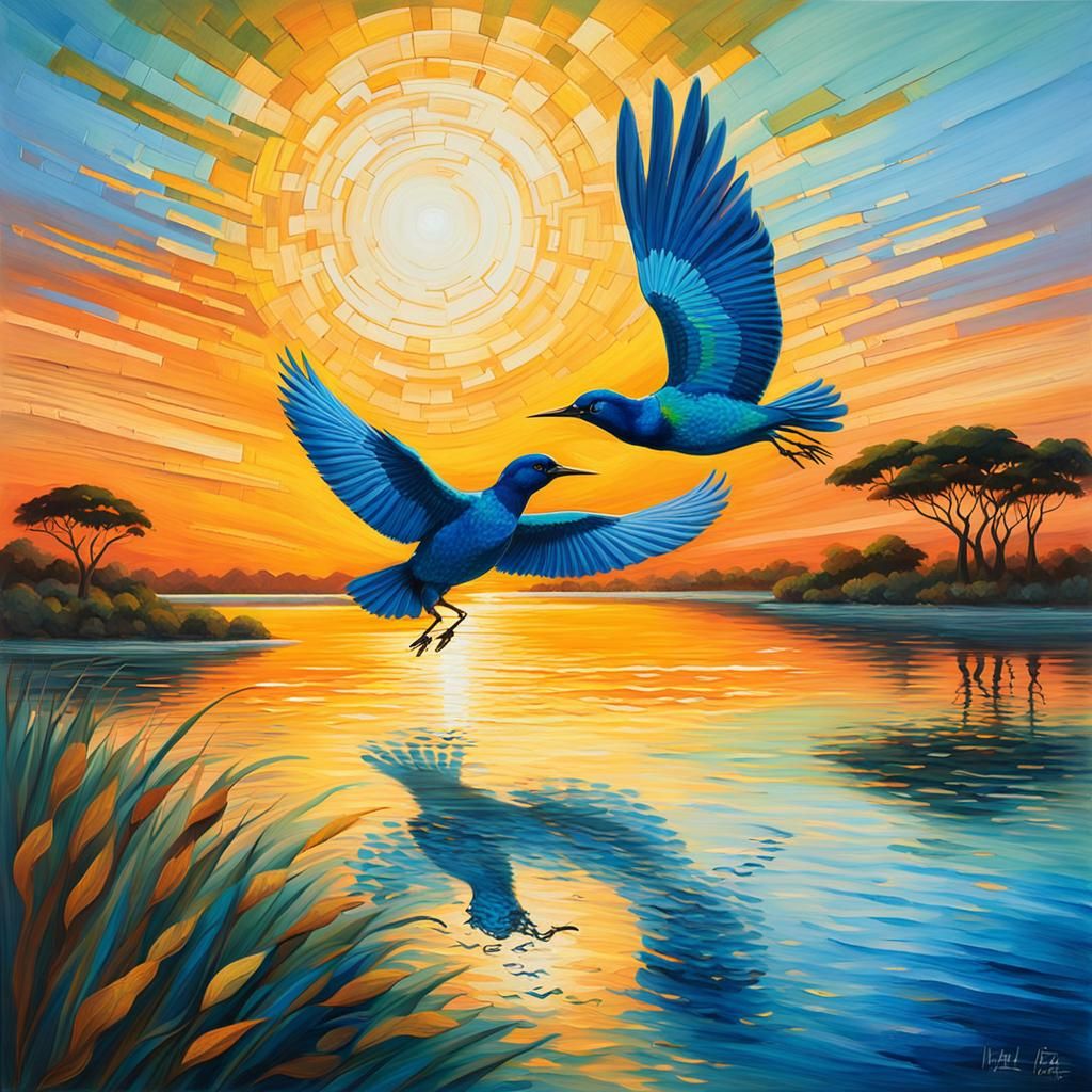 African Sunrise with Birds in Flight Amidst Vibrant Textures