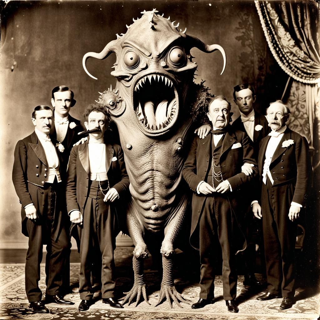 Lovecraftian Monster Poses with Victorian Gentlemen