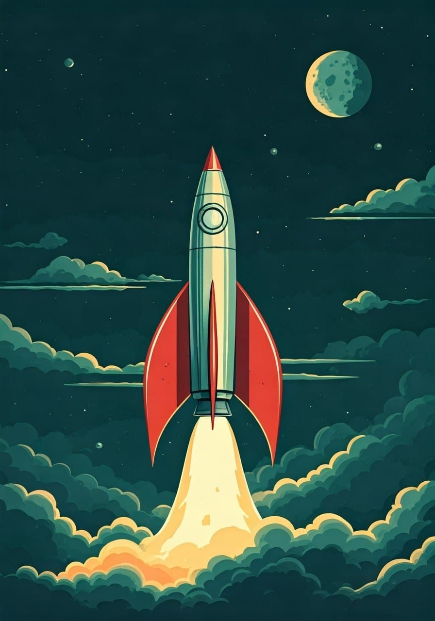 Surreal Retro-Futuristic Rocket Blasts Off into Cosmic Art D...