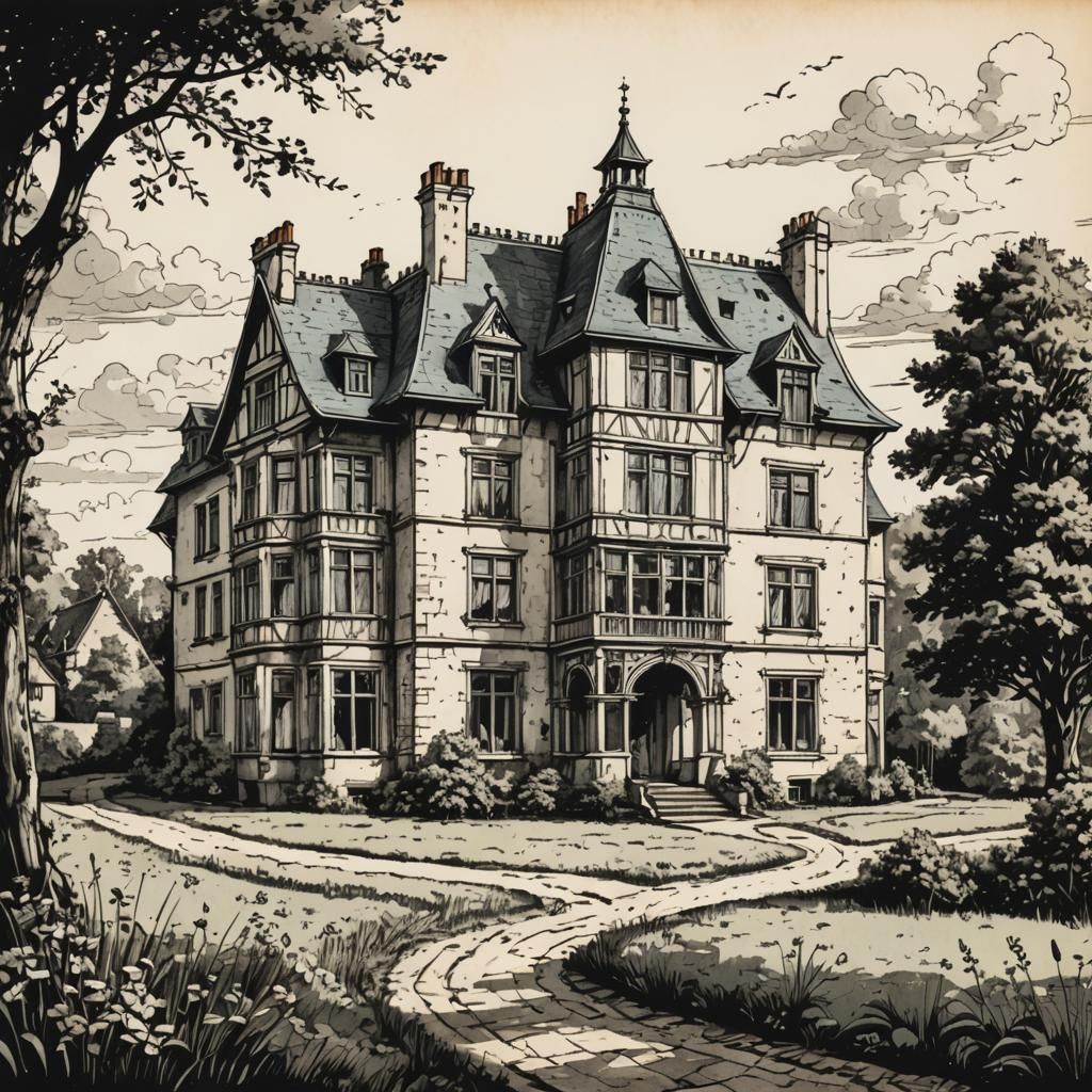 Old Manor House Ink Revival Illustration