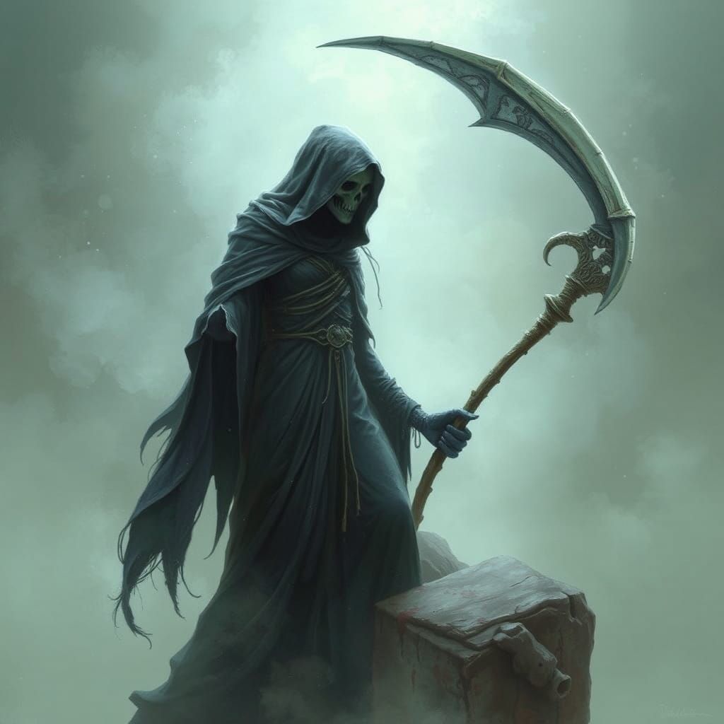 Ethereal Female Grim Reaper in Misty Fantasy