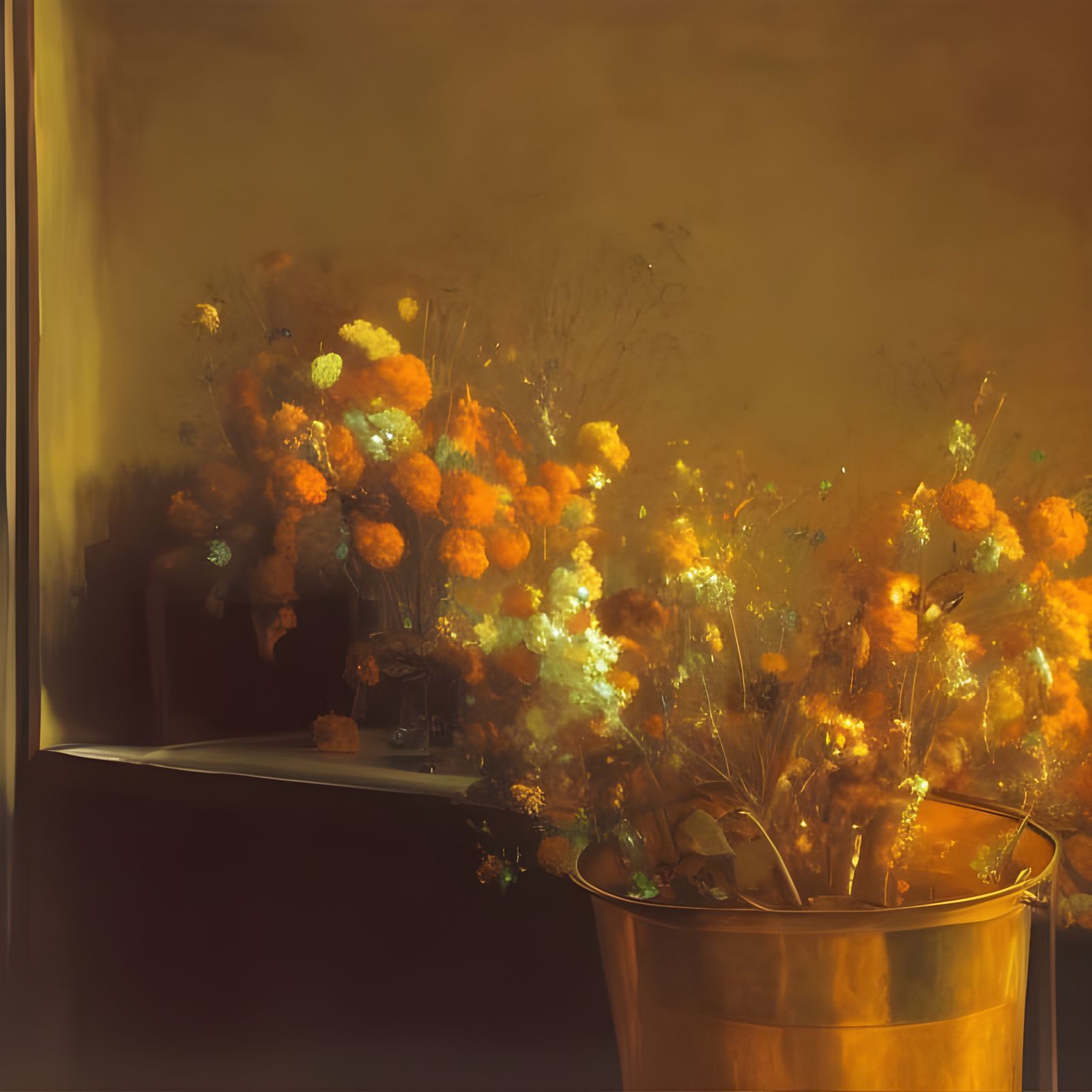Dried Flowers in Copper Bucket with God Rays