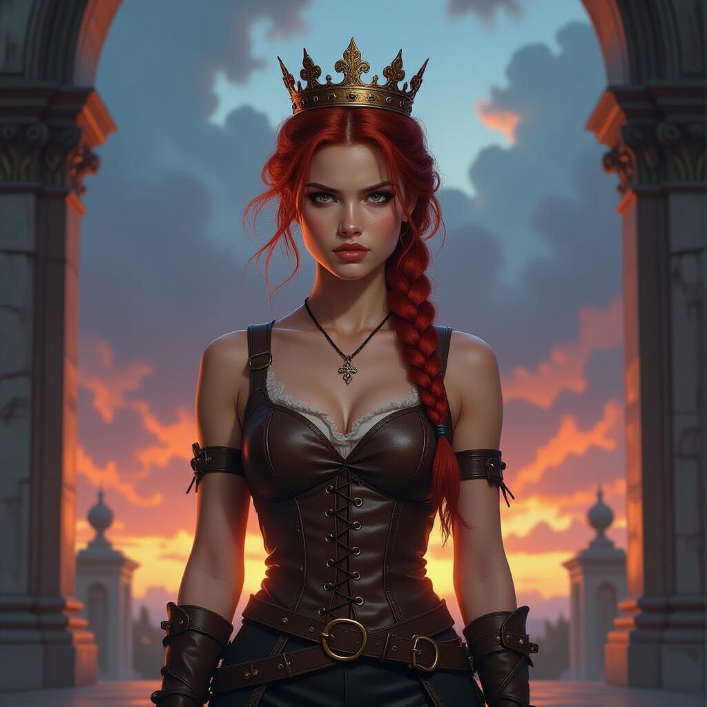 Rebel with Crown: Fiery Woman at Ornate Palace Entrance