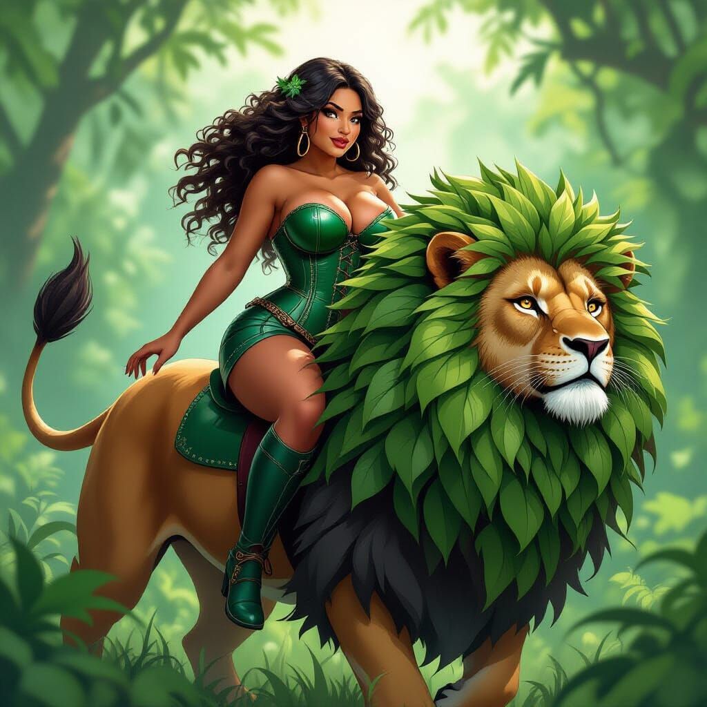 Woman Rides Lion of Leaves in Digital Art Style