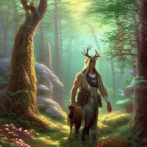 Ethereal Druid and White Stag in Forest