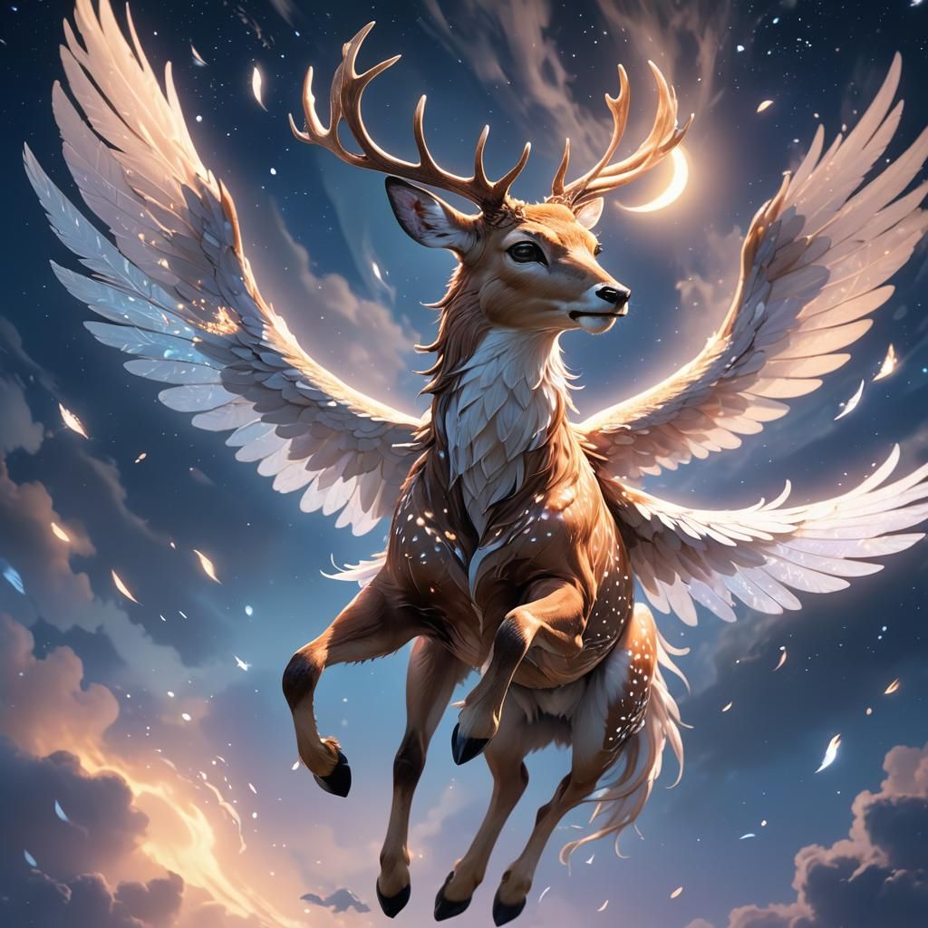 Winged Deer Soaring in Moonlit Sky: 3D Anime Art